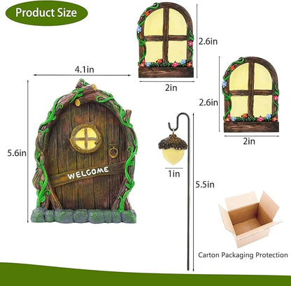 Fairy Door and Windows for Trees Outdoor, Glow in The Dark Fairy Doors Miniature Fairy Garden Accessories, Yard Art Sculpture Decoration Fairy Garden Decor with Lantern for Outside, Patio