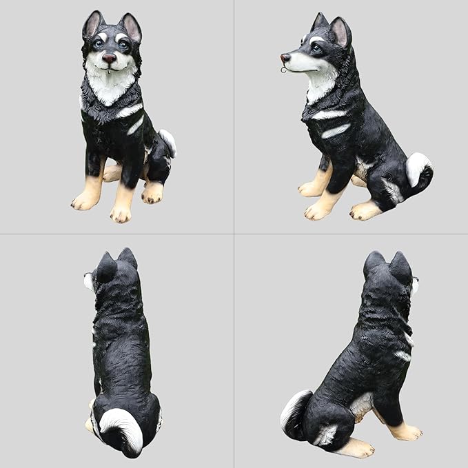 Husky Dog Garden Statue with Solar Lantern, 14.2" Outdoor Resin Puppy Figurine with Welcome & On Patrol Sign, Waterproof Pet Sculpture for Patio Yard Porch Decor, Dog Lover Gift