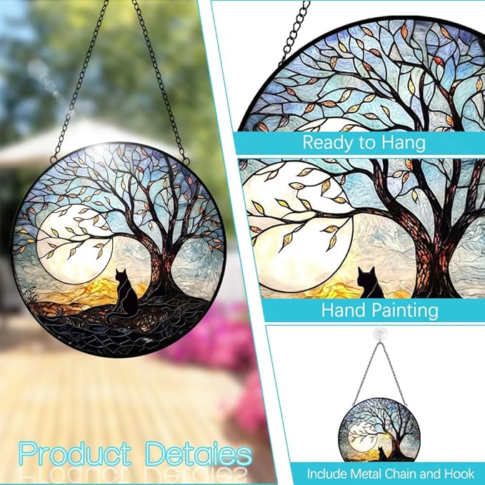 Black Cat Suncatcher Stained Glass Window Hanging - 8” Handmade Cat Suncatchers for Windows Hanging - Cat On a Tree Sun Catchers Wall Decor Glass Panel - Mothers Day Birthday Gifts for Mom Grandma