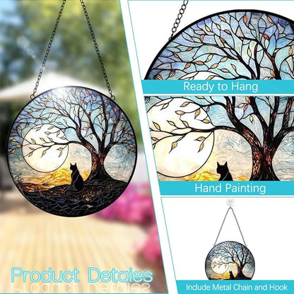 Black Cat Suncatcher Stained Glass Window Hanging - 8” Handmade Cat Suncatchers for Windows Hanging - Cat On a Tree Sun Catchers Wall Decor Glass Panel - Mothers Day Birthday Gifts for Mom Grandma