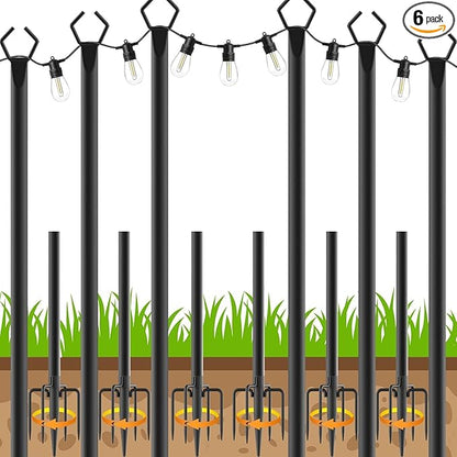AHRLHR 6 Pack String Light Poles, Outdoor String Light Pole 10 ft Forked Metal Light Pole with Adjustable Outdoor Light Stand, Deck, Backyard, Garden, Wedding, Rustproof and Sturdy with Hooks.