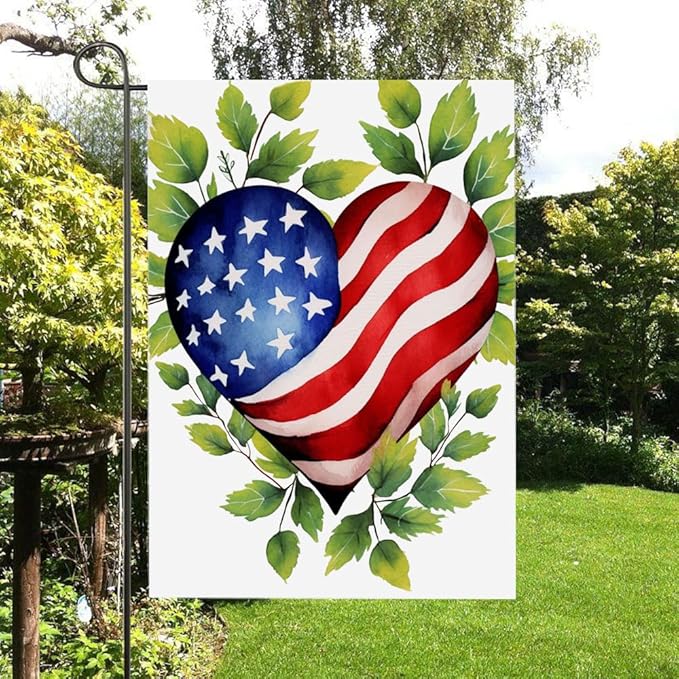 Gkyygk Welcome Patriotic Heart Green Leaf Welcome Garden Flag 12x18 Inch Double Sided Seasonal Yard Burlap Banners Outdoor Flag for Men Women