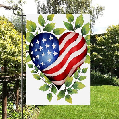 Gkyygk Welcome Patriotic Heart Green Leaf Welcome Garden Flag 12x18 Inch Double Sided Seasonal Yard Burlap Banners Outdoor Flag for Men Women