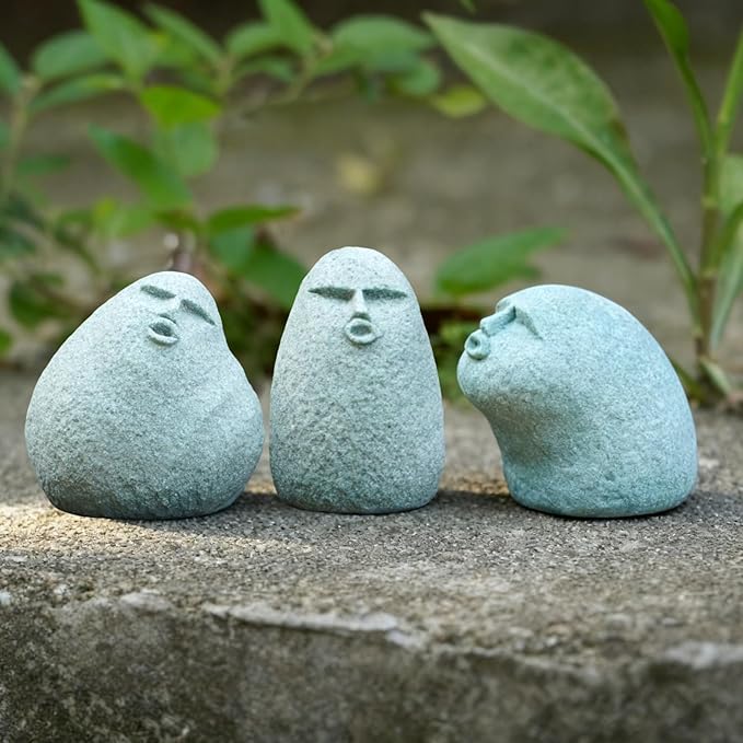 Cute Stone Primitive Man Figurine: Funny Stoneman Statue for Outdoor Decor, Carving Face Garden Home Decoration Fish Tank Ornament - Set of 3