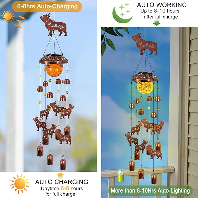 French Bulldog Solar Wind Chimes for Outside,Metal Dog WindChimes with Cracked Glass Lights,Hanging Solar Lights Outdoor,Yard,Patio,Garden,Porch Decor
