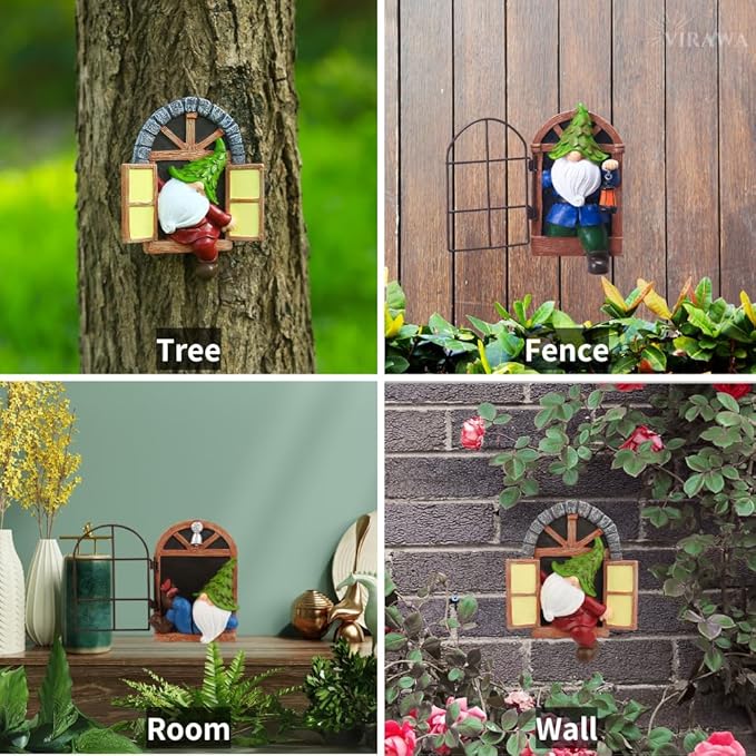 Mini Garden Gnomes Elf Out The Door Tree Hugger 5.8" Garden Statue Hanging Garden Gnomes Outdoor Decorations Tree Faces Decor Outdoor for Fairy Garden Patio Lawn Porch (Red