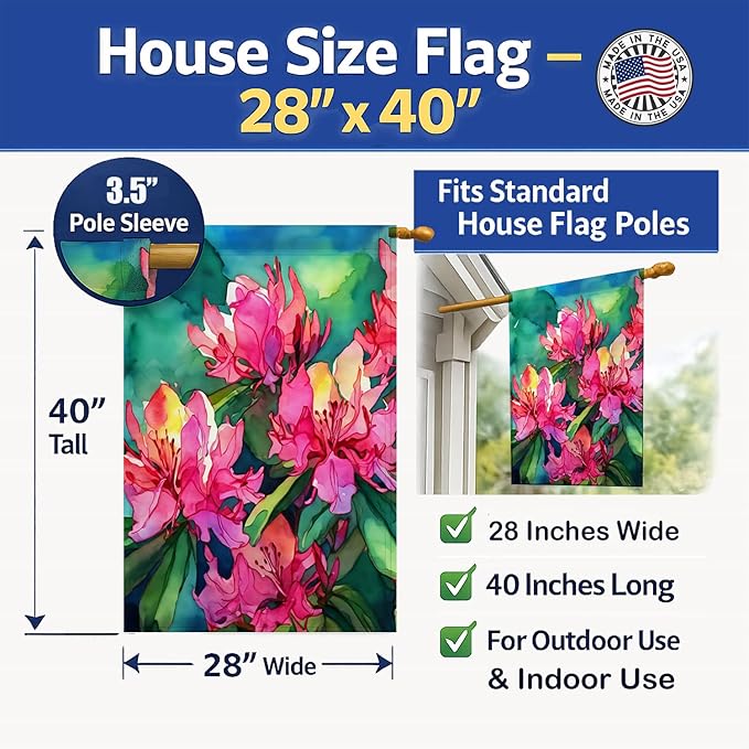 Caroline's Treasures West Virginia Rhododendrons in Watercolor House Flag Large Porch Sleeve Pole Decorative Outside Yard Banner Artwork Wall Hanging, Polyester, House Size, Multicolor
