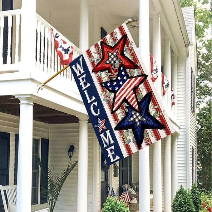 Independence Day 4th of July House Flag Burlap 28x40 Inch Double Sided, Patriotic American Stars and Stripes Yard Outdoor Decor DF304-28