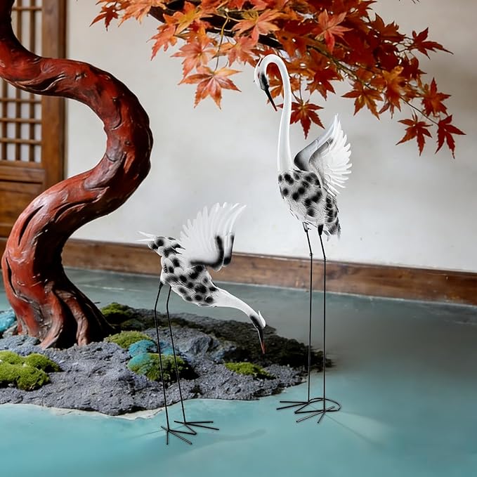 2-Piece Garden Crane Statues Set, New Chinese Style Metal Crane Decor with Dynamic Poses, 53.15in & 35.43in Tall Outdoor Lawn Ornaments for Patio Yard, Black White