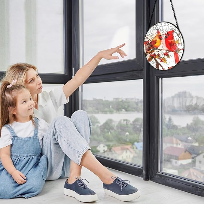 6 Inch Stain Glass Window Hanging, Window Suncatcher with Metal Chain, Cardinal Suncatcher Stained Glass for Bird Lovers Women, Garden, Home, Housewarming Gifts