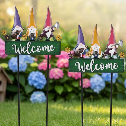 Spring Gnomes Decorations for Yard with Garden Welcome Sign, Large 43.3inch Musical Gnome Decorative Garden Stakes Metal Yard Art for Outdoor Lawn Decorations