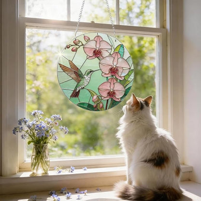 Hummingbird Flower Botanical Suncatcher for Windows Hanging, Beautiful Window Door Decoration, Home Garden Decors, Birds Lover Gift, Mother's Day Christmas Festival Gift for Women Men