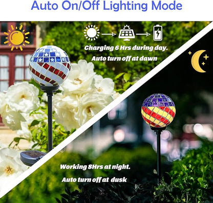 Afirst Solar Lights Outdoor Decorative - Solar Gazing Ball Mosaic Garden Stakes Patriotic Stars and Stripes Decorative Lights Waterproof for Pathway Yard Lawn National Day Decoration