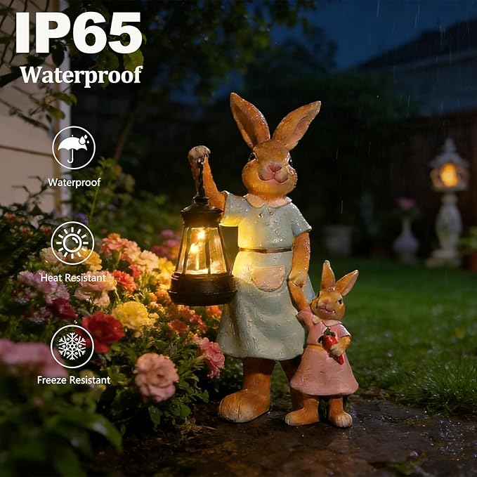 VEEKI Garden Statues Outdoor, Cute Rabbit Statue with Solar Lantern, Resin Bunny Figurines Lights Outdoor Waterproof for Patio Yard Lawn Ornament, Unique Housewarming Birthday Gifts for Women (Bunny)