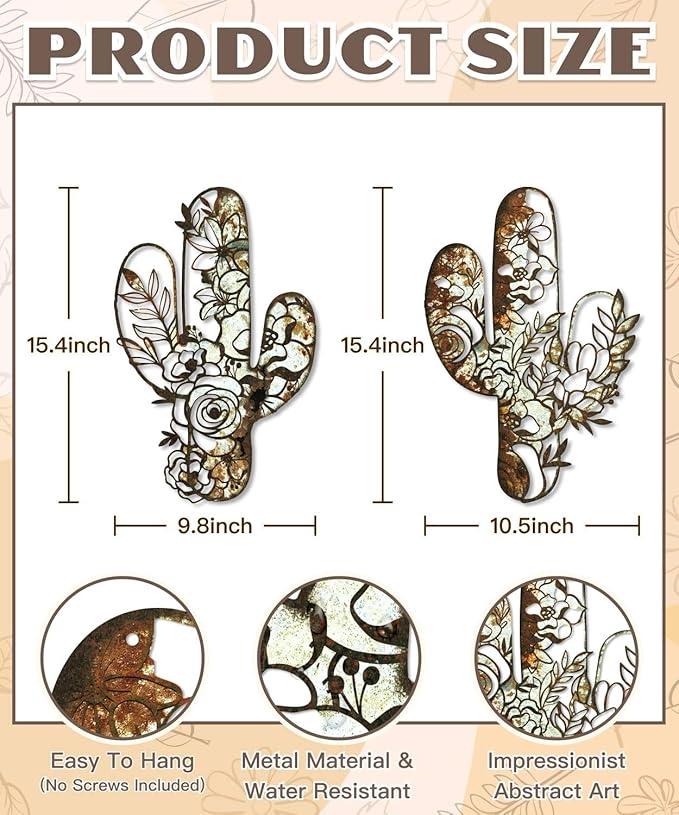 Putuo Decor Cactus Wall Art Set of 2, Rustic Flower Cactus Wall Decor, Floral Nature-Inspired Metal Wall Art for Living Room, Bedroom, Bathroom, Boho Style, 12.2 x 4.6 inches