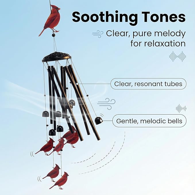 Cardinal Black Metal Wind Chimes for Outside, Memorial Garden Decor, Outdoor Windchimes, Decorative Cardinal Gifts for Women and Men (Cardinal)