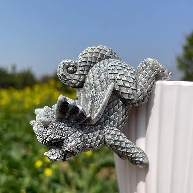 4 PCS Cute Dragon Figurines, Hanging Animal Statue for Planter Pot, Resin Climbing Sculpture Flower Pot and Vase Hugger for Patio Lawn Yard Ornaments