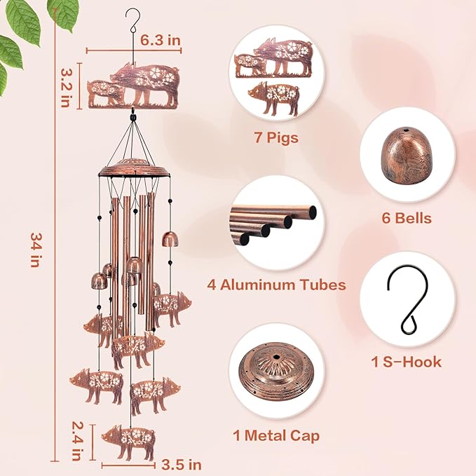 Pig Wind Chimes Outdoor Pig Gifts for Women Men Mom Dad Best Birthday Unique Gardening Gifts Metal WindChimes for Outside/Indoors, Lawn, Patio, Home, Yard Decor, Garden Decorations