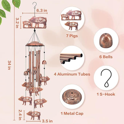 Pig Wind Chimes Outdoor Pig Gifts for Women Men Mom Dad Best Birthday Unique Gardening Gifts Metal WindChimes for Outside/Indoors, Lawn, Patio, Home, Yard Decor, Garden Decorations