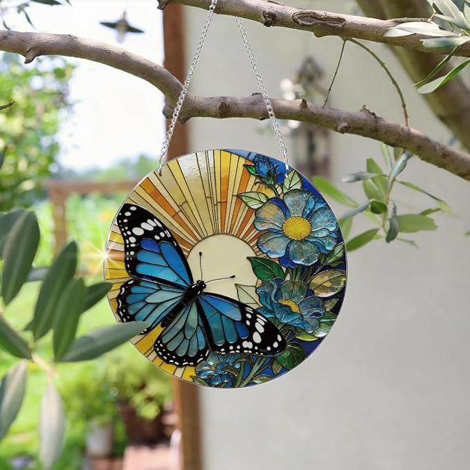 Butterfly Flower Suncatcher, Blue Flower Window Wall Art, Acrylic Sun Catcher for Window Door Hanging, Home Garden Decors, Mother's Day Christmas Festival Gift for Women Mom Grandma