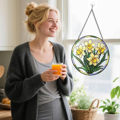 Stained Glass Suncatchers Window Hanging, Narcissus Flower Sun Catchers Indoor Window Stained Glass Hanging Garden Decor, Birthday Gifts for Mom Grandma Aunt Sister Bestie 6.3 in