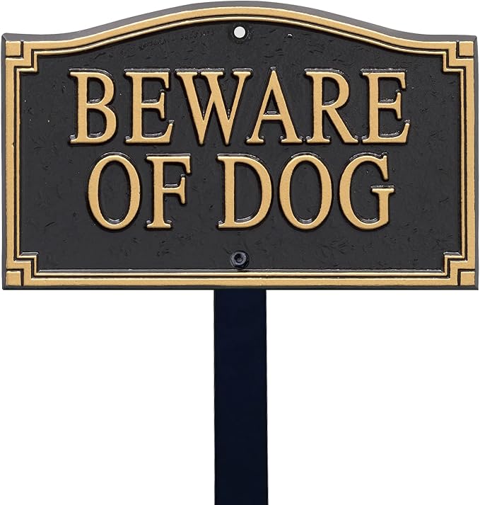 SmartSign Designer Beware of Dog Plaque/Marker/Sign with Stake 18" Tall | 5.75" x 9.5" Aluminum Metal Sign for Yard/Lawn, Gold & Black, Alumi-Shield Coating, Made in USA