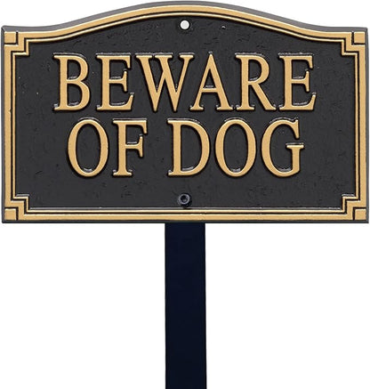 SmartSign Designer Beware of Dog Plaque/Marker/Sign with Stake 18" Tall | 5.75" x 9.5" Aluminum Metal Sign for Yard/Lawn, Gold & Black, Alumi-Shield Coating, Made in USA