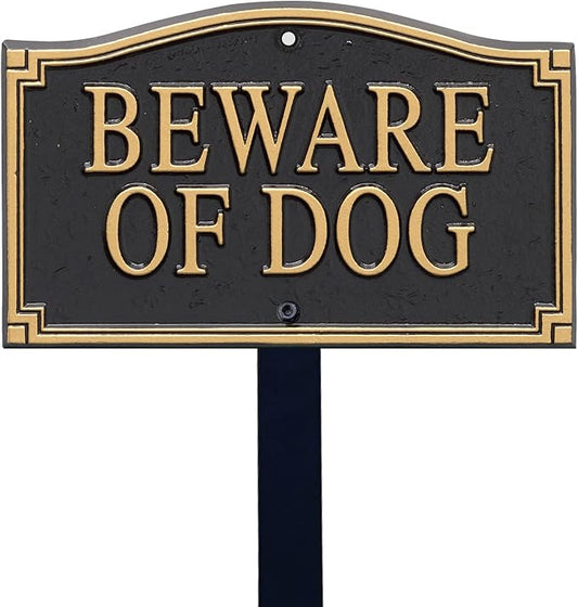 SmartSign Designer Beware of Dog Plaque/Marker/Sign with Stake 18" Tall | 5.75" x 9.5" Aluminum Metal Sign for Yard/Lawn, Gold & Black, Alumi-Shield Coating, Made in USA