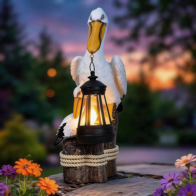 Pelican Solar Garden Outdoor Decor Statues with LED Lantern, Hand Painted Resin Animal Figurine Lights for Patio Lawn Yard Pathway, Unique Coastal Gifts for Women Mom Grandma
