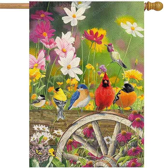 Spring Hummingbirds House Flag 28 x 40 Double Sided, Flower Birds Decorative Garden Flags for Anniversary Yard Outside Seasonal Decoration