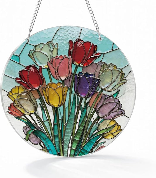Tulips Suncatchers Windows Hanging, Acrylic Hanging Sun Catcher, Colorful Window Decoration, Indoor Windows Wall Art, Home Garden Decor, Gift for Flower Lover Women Mother's Day Christmas