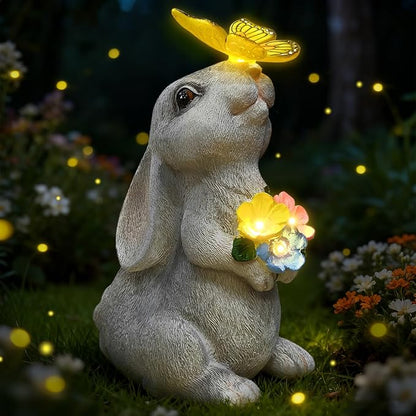 Garden Statue Outdoor Decor, Rabbit Figurines with Solar Butterfly Changing Color LED Lights, Bunny Ornament for Patio Backyard Lawn, Birthday Valentine's Day Gift for Women Mom Grandma