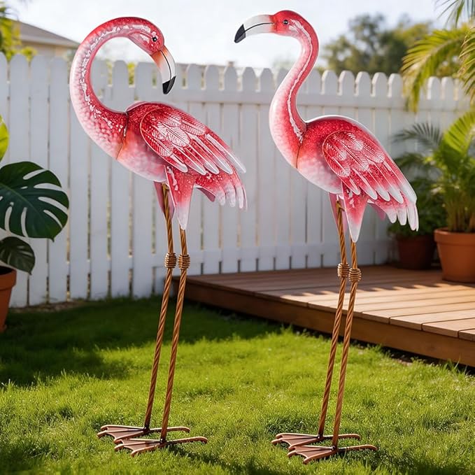 Natelf Pink Flamingo Yard Decorations, Metal Garden Statues and Sculptures, Standing Bird Lawn Ornaments for Patio Backyard Pond Decorations Set of 2