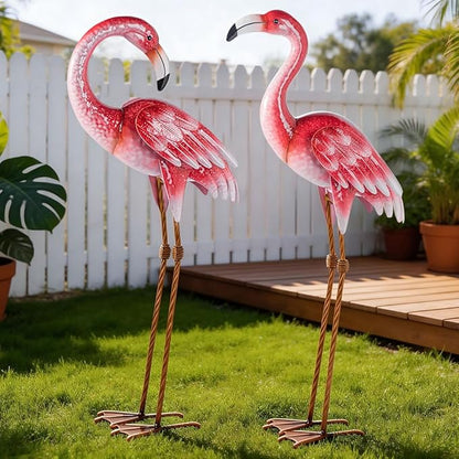 Natelf Pink Flamingo Yard Decorations, Metal Garden Statues and Sculptures, Standing Bird Lawn Ornaments for Patio Backyard Pond Decorations Set of 2