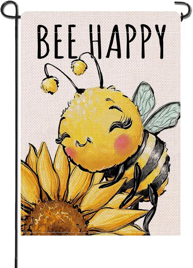 Artofy Spring Summer Bumble Bee Sunflower Small Decorative Garden Flag, Bee Happy Flower Floral Yard Lawn Outside Decor, Honeybee Seasonal Burlap Outdoor Home Decoration Double Sided 12 x 18