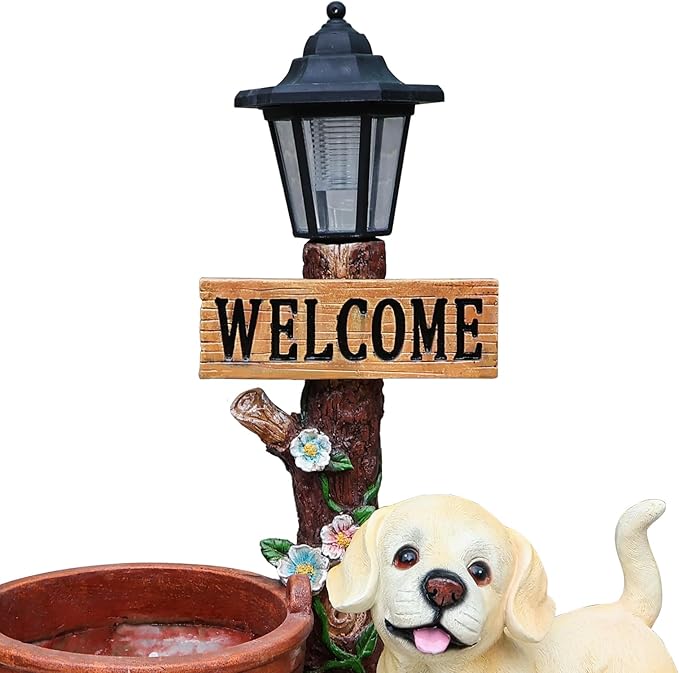 Solar Light Animal Outdoor Statue Planter with Welcome Sign, Resin Garden Sculpture Flower Pot for Patio Lawn Porch Yard Courtyard Decor, Weather-Resistant Decorative Figurine Accent (G)