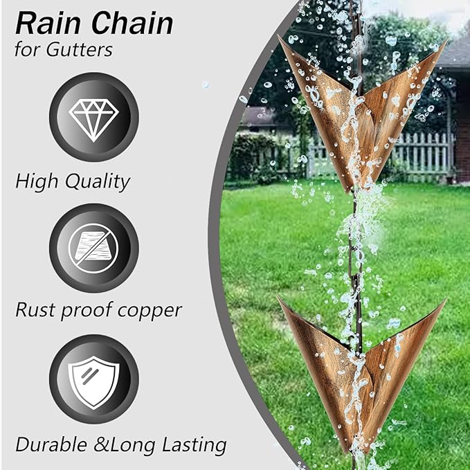 Wrought Iron Rain Chain Set with Adapter 8Ft Outdoor Garden Rain Chain Set Rain Gutter System with Brown Rain Chain Includes 12 V-Shaped Drip Cups and Bell Decorative Hooks