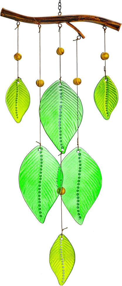 Glass Wind Chimes for Outside,Unique Handmade Windchimes Outdoors with Stained Glass Leaves for Home Window Garden Yard Patio Decor Ornament for Christmas Tree,Green 20"