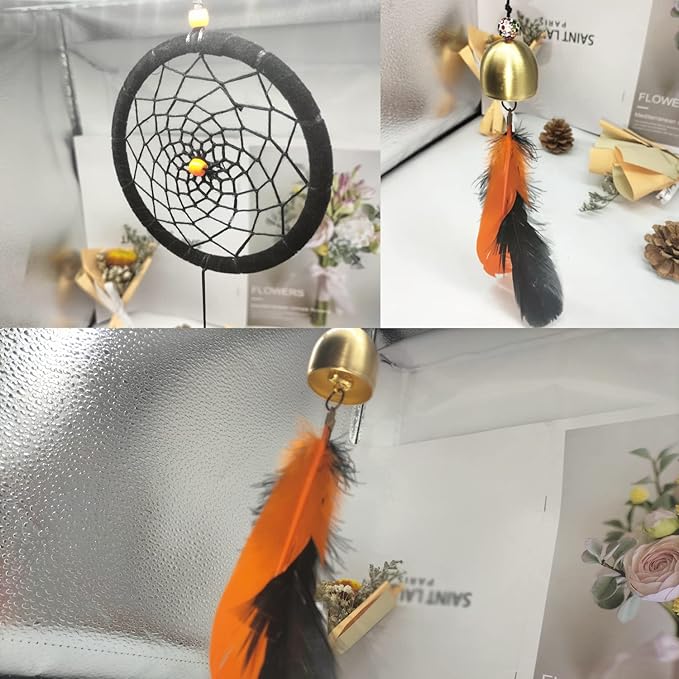 Dreamcatcher Indian Round Net Wind Chimes, Creative Black and Orange Feather Chimes for Balcony, Study, Bedroom Hanging Decoration