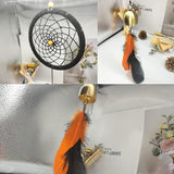 Dreamcatcher Indian Round Net Wind Chimes, Creative Black and Orange Feather Chimes for Balcony, Study, Bedroom Hanging Decoration
