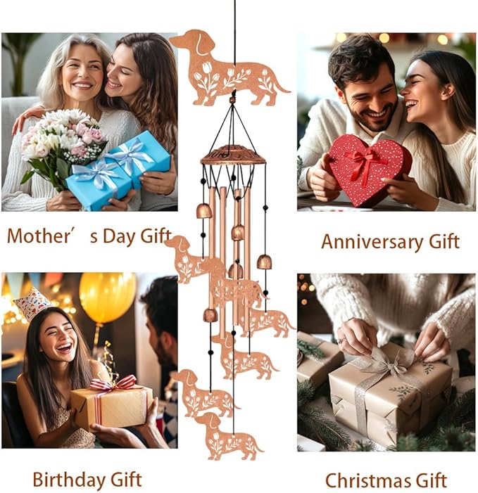 Wind Chimes for Outside, Melodious Melodic Tones Dachshund Style Windchimes Suitable for Outdoor Garden Patio Porch Decor, Unique 33“ Metal Memorial Wind Chimes Friendship Gifts for Women