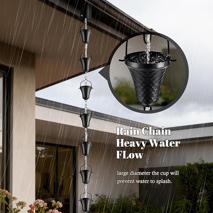 Rain Chains for Gutters Outside Black Powder Coated Downspouts Rain Catcher Diverter Metal Outdoor Decorative, 8.5 FT