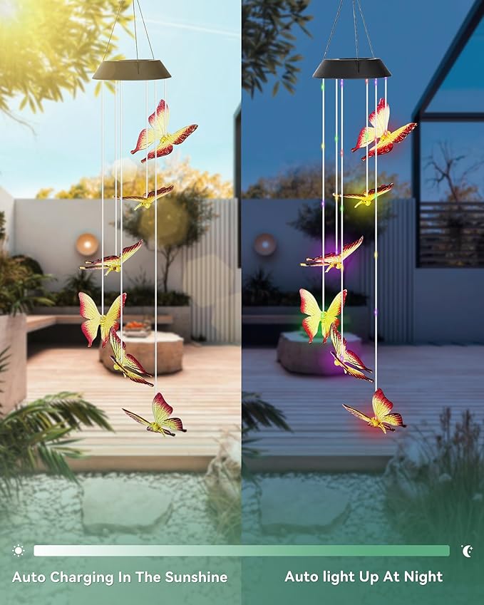 DOUBLEZHE Solar Wind Chimes for Outside, Color Changing Butterfly Wind Chime Outdoor Clearance, Birthday Gifts for Mom Women Grandma Wife Girls, Unique Decor Colorful Patio Yard Party Decoration