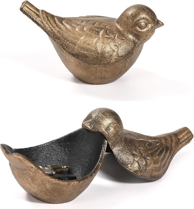 Bird Key Hiders Outside, Cast Iron Outdoor Hidden Keys Holder, Hide a Key Bird Statue, Antique Gold Keys Hider for Indoor Garden Yard Patio Decor