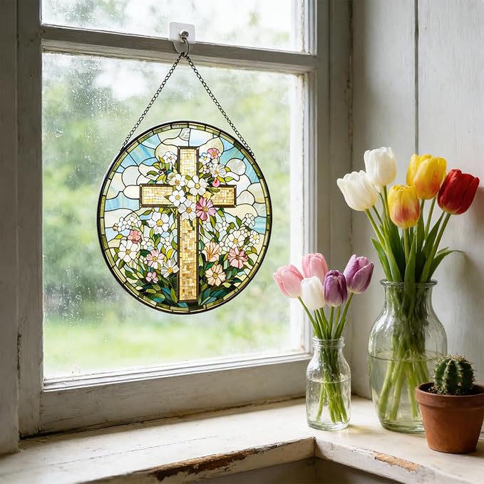 Cross Flower Suncatcher Stained Glass Window Hanging, Christian Wildflower Sunset Landscape Sun Catchers Indoor Window Glass Round Wall Decor, Religious Wall Art Hanging Decorations Statues