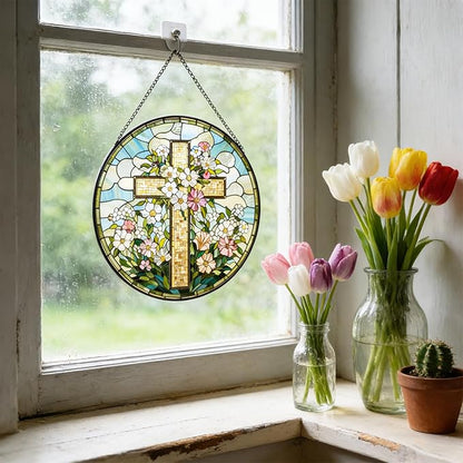 Cross Flower Suncatcher Stained Glass Window Hanging, Christian Wildflower Sunset Landscape Sun Catchers Indoor Window Glass Round Wall Decor, Religious Wall Art Hanging Decorations Statues