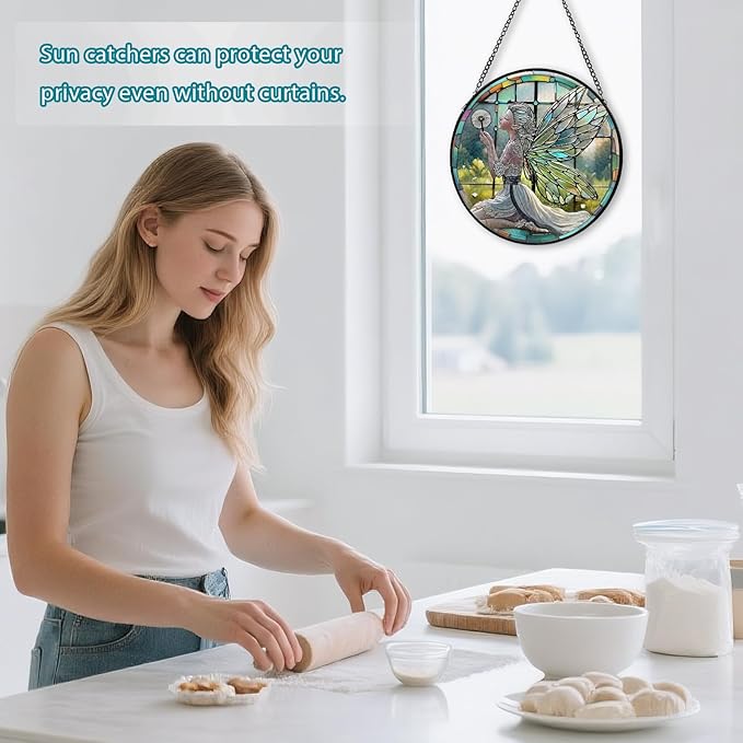 Dandelion Fairy Stained Glass Window Hanging, Suncatcher Diamond Glass Panel Hangings, Sun Catchers Indoor Windows Wall Art, Gifts for Mom Grandma, Christmas Decor for Home Garden Office 7.87 inches