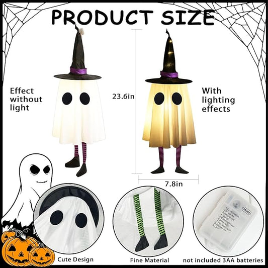 Set of 4 Halloween Hanging Ghosts, Halloween Decorations Outdoor Hanging Ghosts with Witch Hat,Glowing Ghost Witch Hat Lights, Light up Ghost Decor for Yard Patio Garden Tree Outside(4 Ghost Lighted)