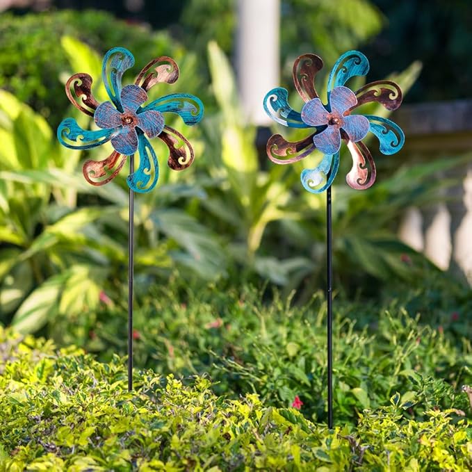 2 Packs Outdoor Metal Wind Spinner, Brown Wind Sculptures Windmill with Stake,Kinetic Yard Art Decor Pinwheels for Garden Outside Patio Lawn