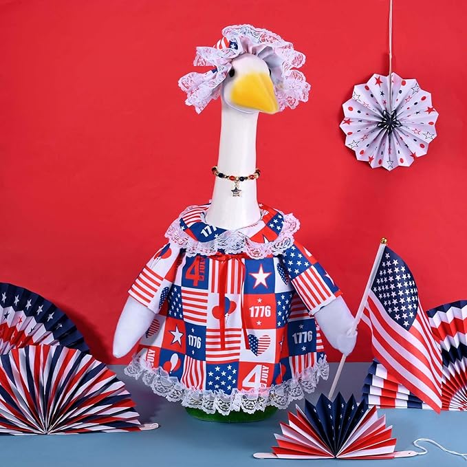 JcHrmers 4th of July Porch Goose Outfits Memorial Day Goose Outfit Fits 23" Plastic Cement Goose Statue Patriotic Goose Costume for USA 250th Anniversary Outdoor Garden Patio Yard Lawn Decor